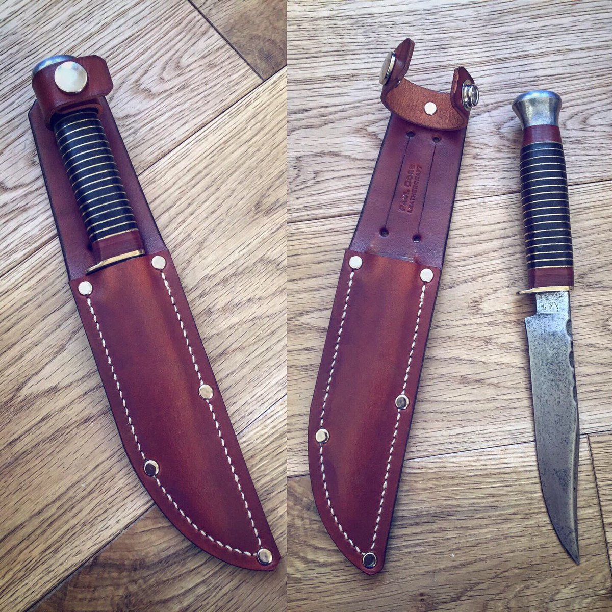 PDBushcraft's tweet image. Couple more pieces of custom leather I’ve finished this week - a small simple sheath for a vintage A. Wright bowie and a modified Viking Style possibles pouch..