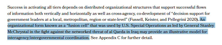 They advocate for using distributed organizational structures modeled after the "fusion cells" of USSOCOM in Iraq.