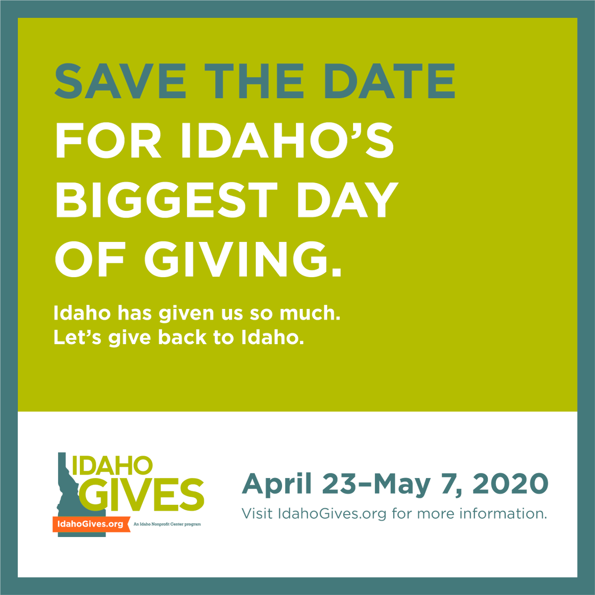 Idaho Commerce (@idahocommerce) on Twitter photo Mark your calendar for one of our favorite days of the year! Get ready to get up and give for #IdahoGives on April 23 - May 7, 2020. Follow <a href="/IdahoGives/">Idaho Gives</a> to stay updated on the giving movement! idahogives.org Mark your calendar for one of our favorite days of the year! Get ready to get up and give for #IdahoGives on April 23 - May 7, 2020. Follow <a href="/IdahoGives/">Idaho Gives</a> to stay updated on the giving movement! idahogives.org