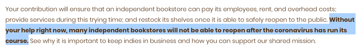 Indies are resilient. They'll be a part of the literary landscape in some form no matter what. But here's a hard truth: the indies we have now, the ones we love, DO need help to weather this season. #SaveIndieBookstores