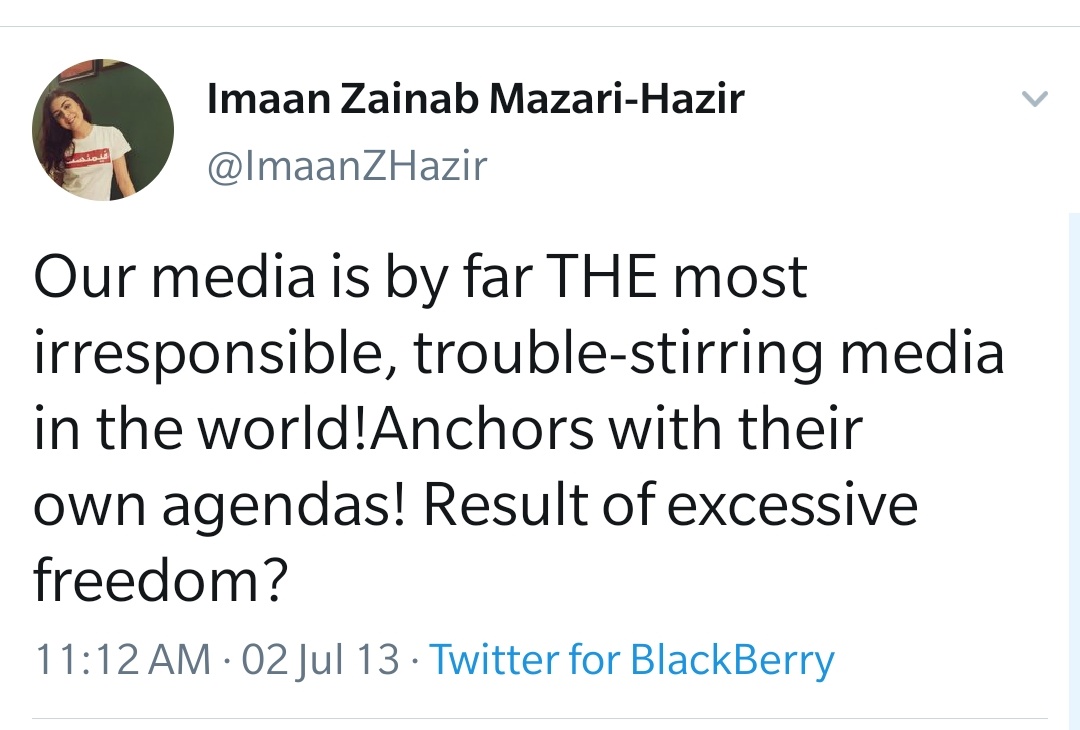 As per Imaan Mazari:1/ Media in Pak is irresponsible.2/ Geo is a state within a state as it challenges ISI.