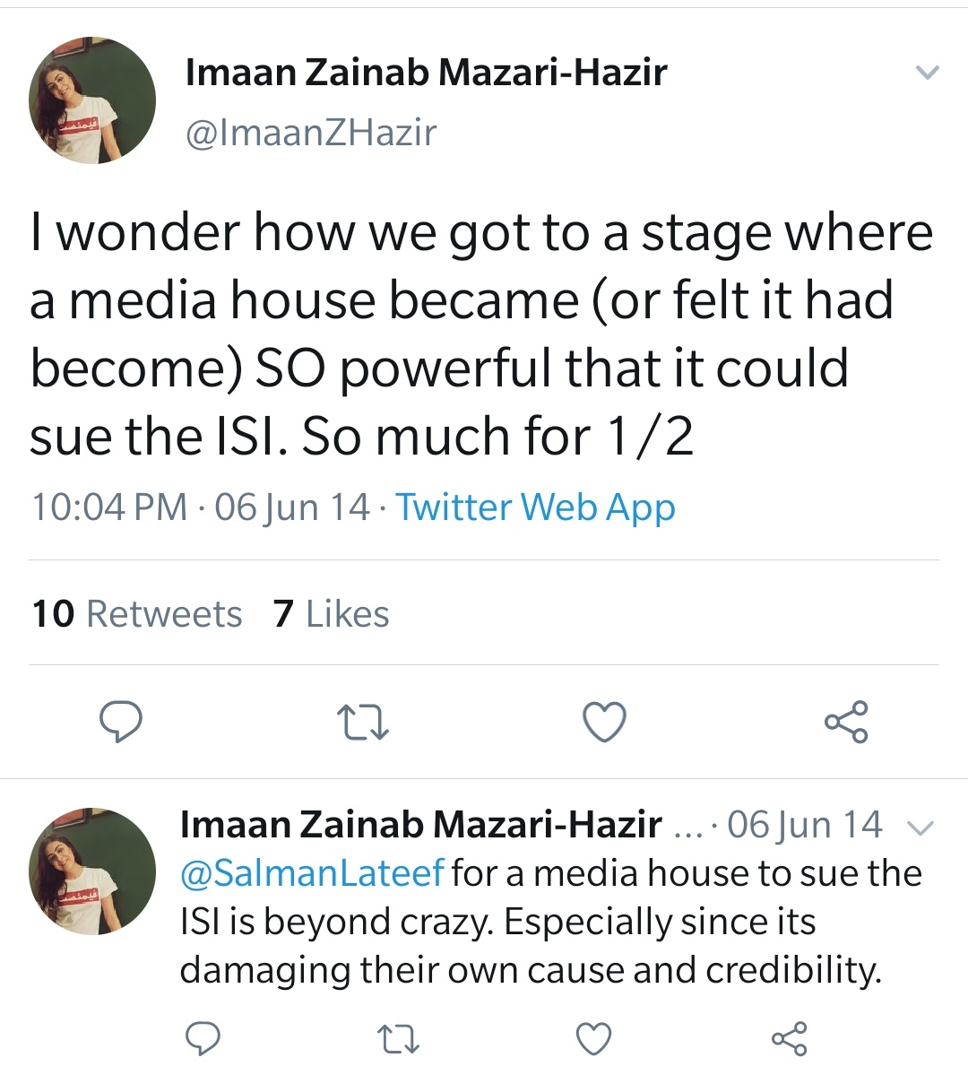As per Imaan Mazari:1/ Media in Pak is irresponsible.2/ Geo is a state within a state as it challenges ISI.