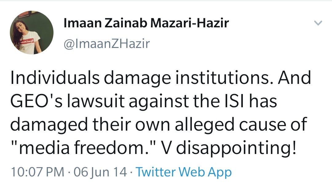 As per Imaan Mazari:1/ Media in Pak is irresponsible.2/ Geo is a state within a state as it challenges ISI.