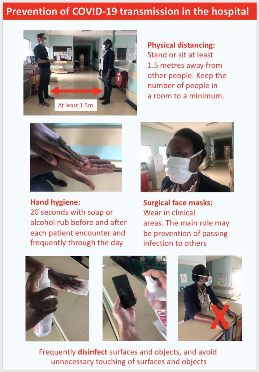 A poster we developed: Preventing COVID-19 transmission in the hospital: 4 important measures to apply throughout.
Physical distancing in particular often ignored.