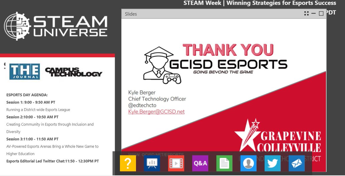 SnowWhiteEDU's tweet photo. Great line up of #esports sessions from @STEAM_Universe. Just heard from Kyle Berger @edtechcto about Running a District-wide Esports League @GCISD. Next up is hearing from #HiEd #esports programs #STEAMweekchat https://t.co/Zd3DGkhRFm