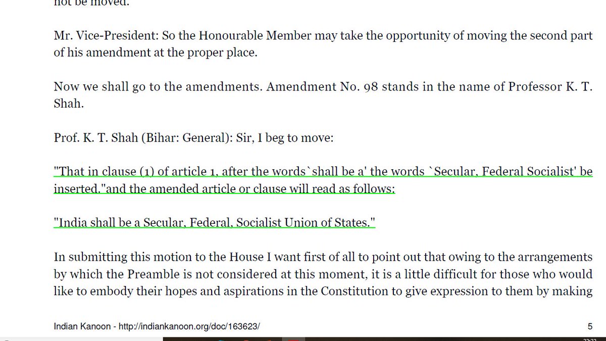 2/n I'm referring to the "Constituent Assembly Debate of November 15, 1948".Prof K T Shah wanted to move an amendment clause(1) of article-1 & insert "Secular, Federal, Socialist". @NitinRaut_INC u must have heard Prof K T Shah's name at least, right?