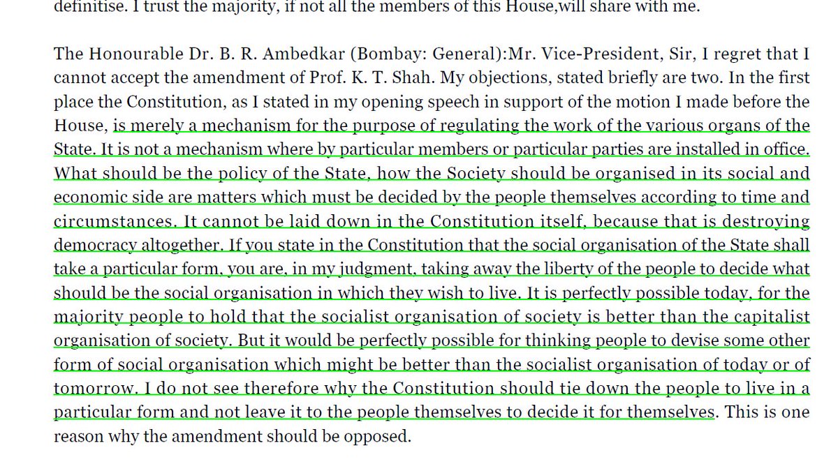 3/n Dr.Ambedkar outrightly rejected the amendment by citing two reasons.Firstly, according to him, "socialist" is a political stand & the same cannot be imposed upon people, and its insertion would destroy democracy altogether. (details in snippet)