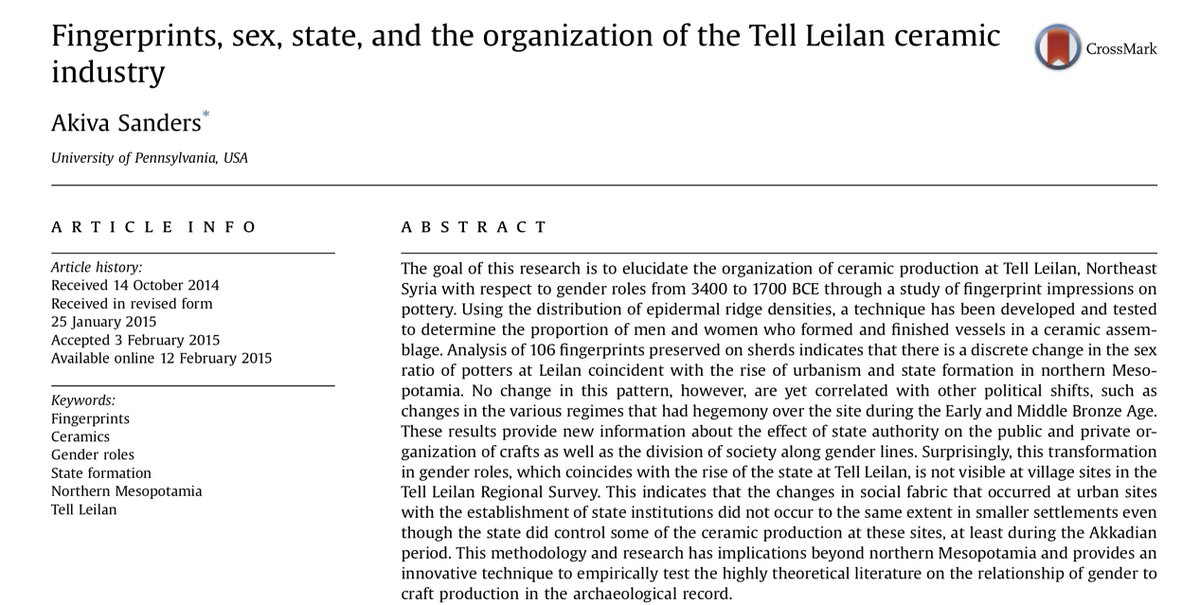 As  @ymrowan and  @cwjones89 have pointed out -- and as is linked in the Haaretz piece -- a 2015 article by Akiva Sanders on Tell Leilan ceramics showed that making pottery became male-dominated only with the rise of urbanism. https://leilan.yale.edu/sites/default/files/publications/article-specific/sanders_2015_archaeological_science.pdf