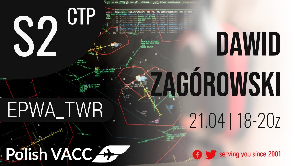 PolishVACC's tweet photo. Very shortly Dawid Zagórowski will start his fight for S2 rating! Come and fly to Warsaw to help him present his skills! See you!
#VATSIMCPT #VATSIM @vatsim @vatsimEUR @VATEUD https://t.co/eqXuShiGwC