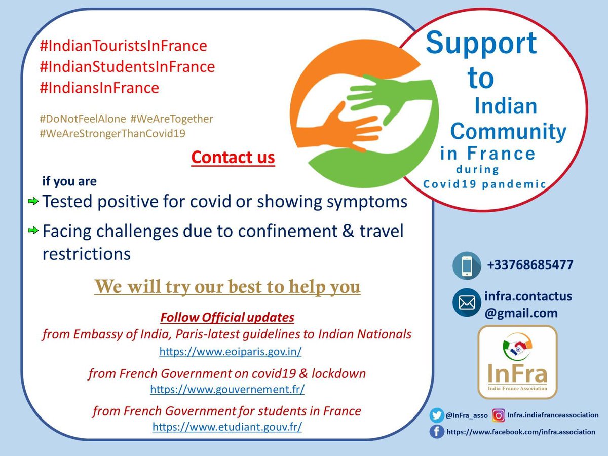 InFra_asso's tweet photo. Together we can fight it better.
#youAreNotAlone #stayHome #staySafe #stayStrong
#covid19 #coronavirus #Corona
#indiansinfrance #indiancommunity #InFra #IndiaFrance #IndiaFranceAssociation https://t.co/6CO57f3Ccu