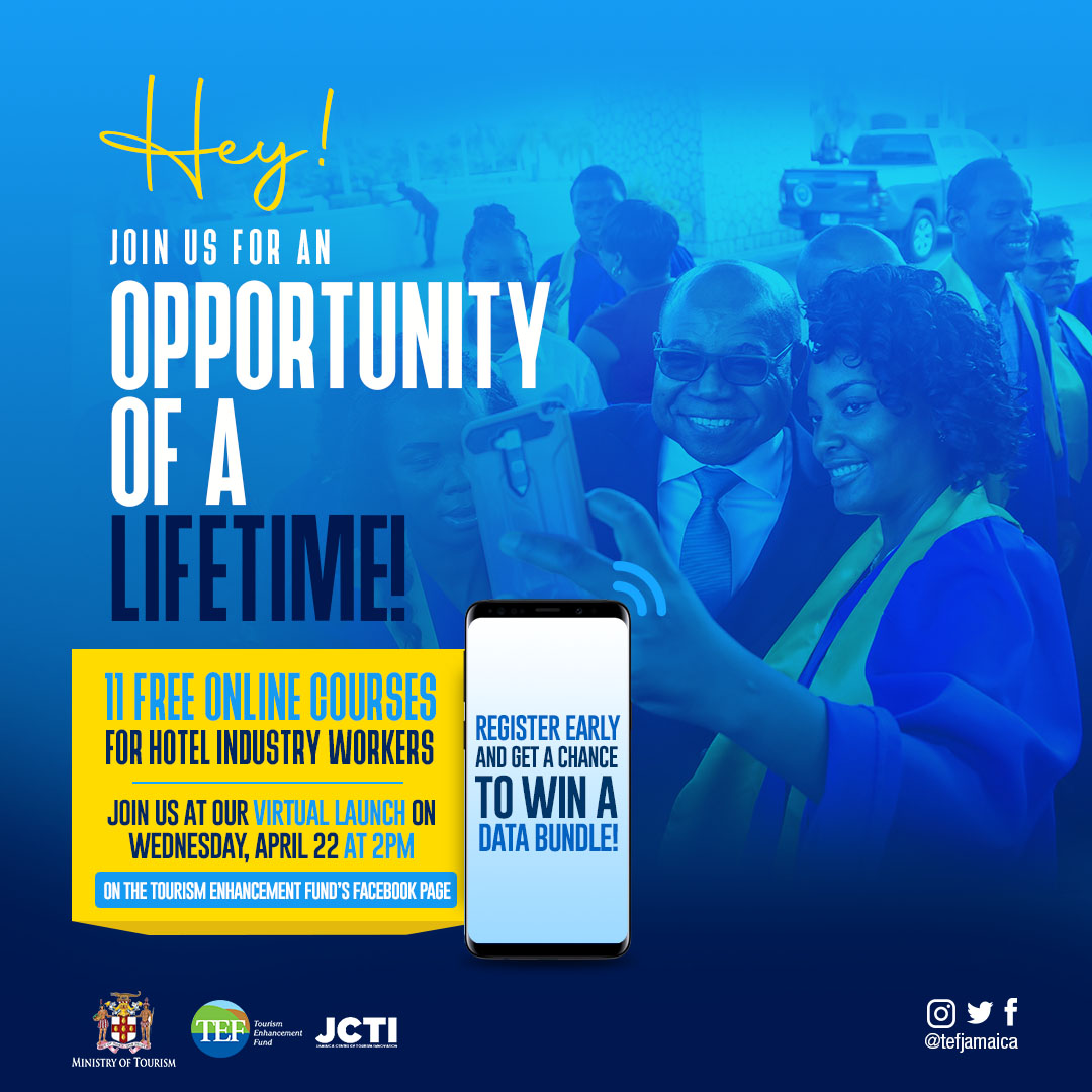 TEFJamaica's tweet photo. Learn from the comfort of your home with all costs covered. UPGRADE YUHSELF  with our free online courses! If you register early for our online courses, you stand the chance to win a FREE data bundle. 

#UpgradeYuhSelf  #GetCertified #TEF #JCTI #Jamaica https://t.co/QmDPvettfN