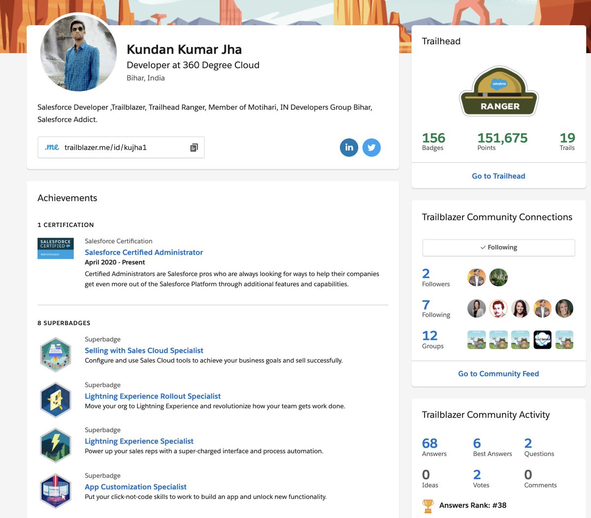 Always many reasons smile with #TrailblazerCommunity, this one is touchy❤️for #MotihariMeetup & #RemoteAreas.
@Kundankrjha1997: @salesforcejobs then #BCA result, @trailhead #Ranger, #CertifiedPro, #Answers.
Only in 7 months, you are an inspiration for @MotihariSFDG & #Workplace