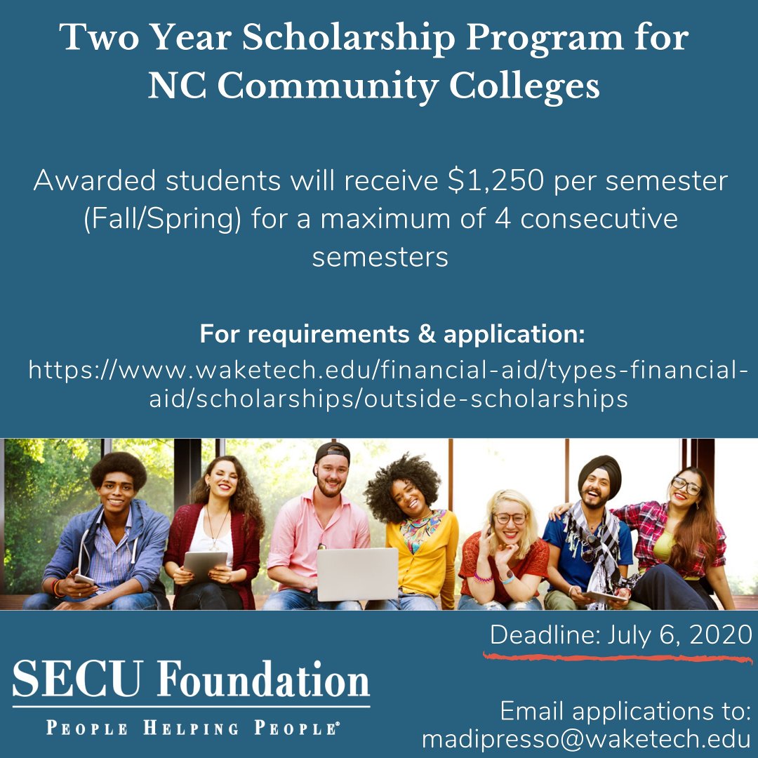 WakeTechFinAid's tweet image. 🚨Scholarship Opportunity🚨 Two Year Scholarship Program for NC Community Colleges awards $1,250/semester up to 4 consecutive semesters! Applications available on the Wake Tech Financial Aid Page &amp;amp; emailed to madipresso@waketech.edu
#WakeTechFinancialAid #WakeTech #scholarship