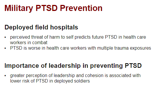 ... reducing *perceived threat* to health care workers during a  #pandemic should protect their  #mentalhealth.Adding to this assertion is the finding in military literature that strong, compassionate leadership is also *protective* against development of  #PTSD.32/