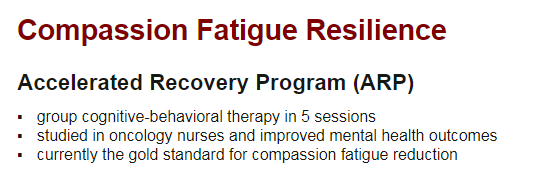 Another evidence-based framework specifically focuses on  #compassionfatigue.The Accelerated Recovery Program, developed in the 1990s, is a group CBT-approach to reducing CF &  #PTSD, with efficacy demonstrated in nurses. However, has not been studied in epidemic setting.33/