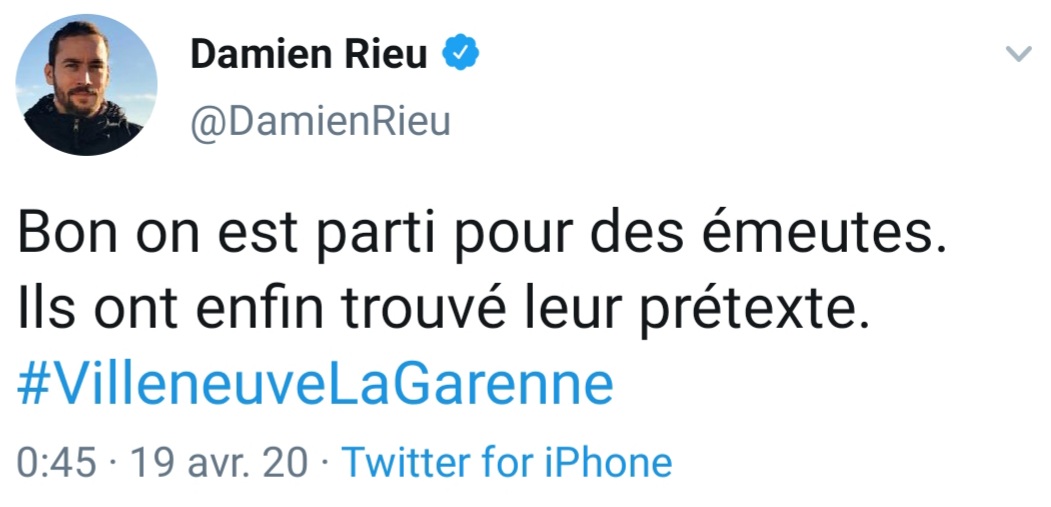 À 00h45, c'est l'heure des réjouissances pour notre Schtroumpf facho : le début des émeutes.Il a enfin trouvé son prétexte pour commencer à verser du fiel... #VilleneuveLaGarenne5/52