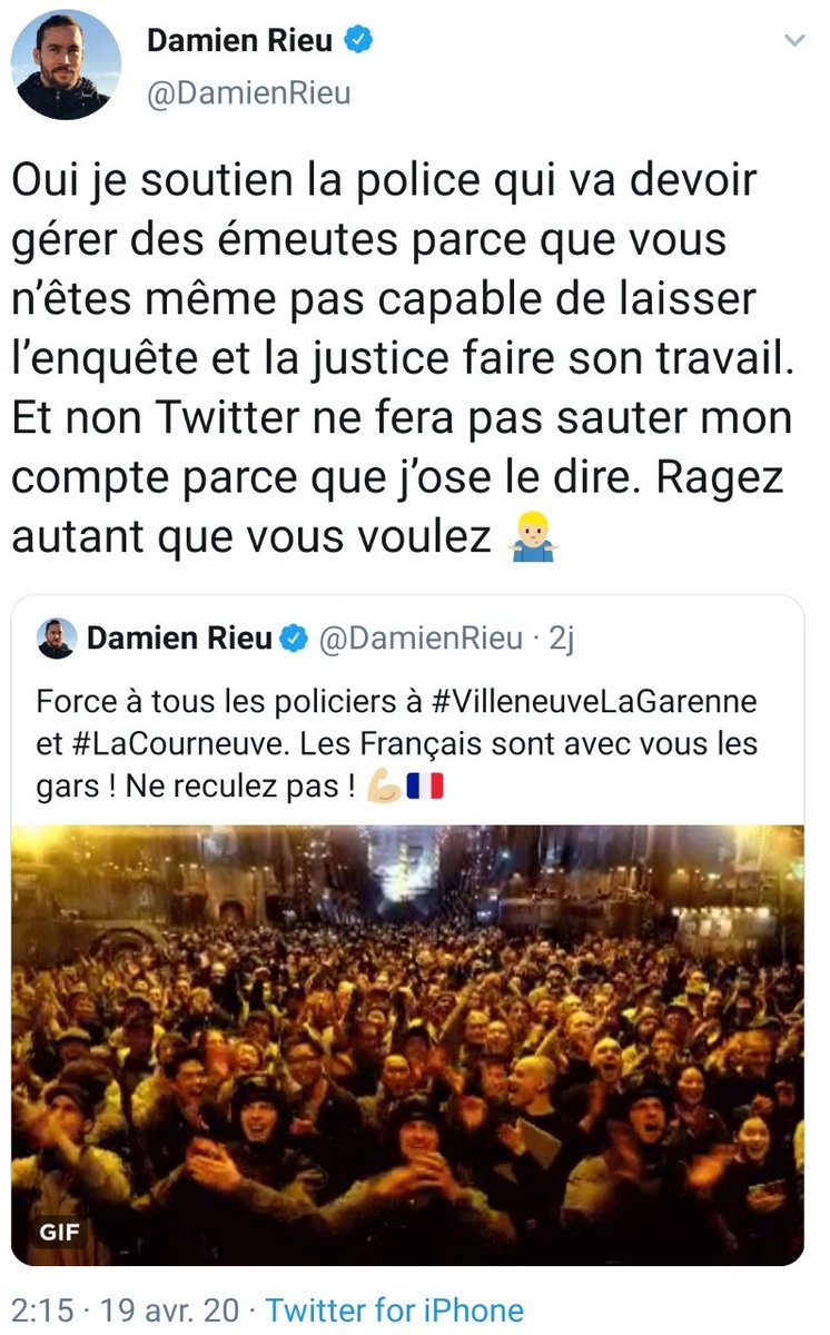 À 02h15, allumage d'une seconde mèche. Et remise en cause de toute la stratégie twitterienne de la fachosphère f-haineuse : on laisse "l'enquête et la justice faire son travail".Tweet à garder dans les archives... #VilleneuveLaGarenne  #LaCourneuve10/52