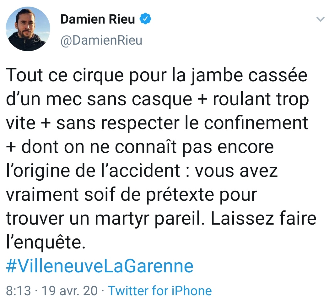 "Laissez faire l'enquête" mais n'hésite pas à communiquer sur l'affaire afin de jeter de l'huile sur le feu. #VilleneuveLaGarenne13/52