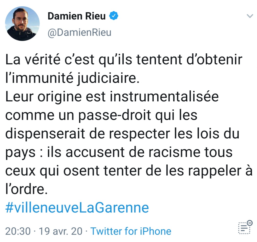 Là où des gens censés verraient des jeunes français en dehors du droit chemin, certains ne voient que des gens avec des "origines". Et fantasment qu'ils auraient un rapport différent à la loi qu'eux... #VilleuneuveLaGarenne 25/52