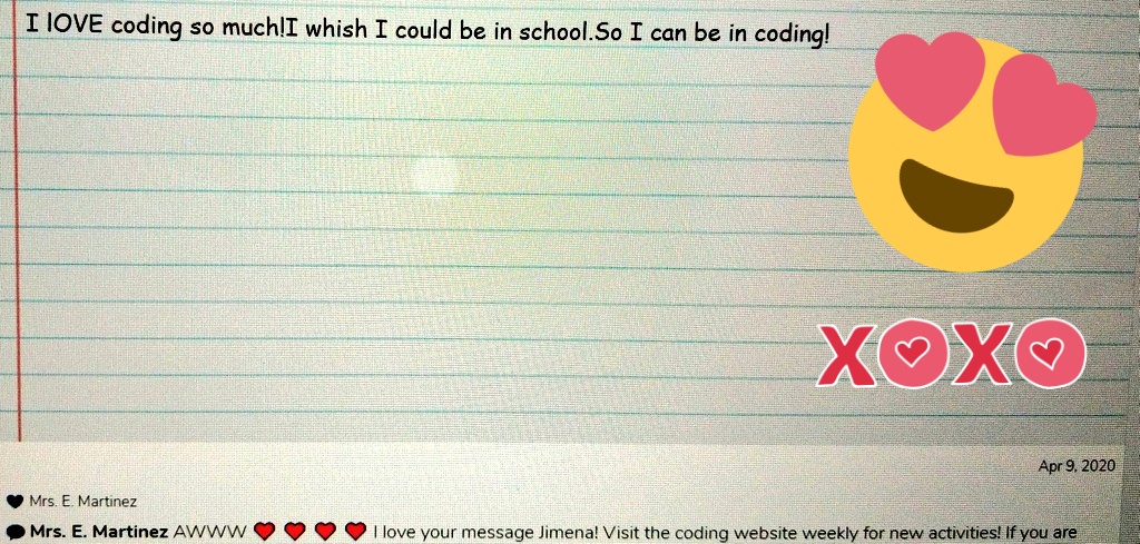 Ocelotscode's tweet image. I&apos;m loving the heart felt messages and assignment submissions from my students on @Seesaw 👧👦I miss all my little coders and know that we will be in Coding Lab once more! 💗👩‍🏫👨‍💻👩‍💻🤖💗 #OcelotsKeepOnCoding #coding108 #Seesaw #LosFresnosCodes @rosemarycleal
