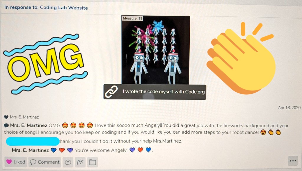 Ocelotscode's tweet image. I&apos;m loving the heart felt messages and assignment submissions from my students on @Seesaw 👧👦I miss all my little coders and know that we will be in Coding Lab once more! 💗👩‍🏫👨‍💻👩‍💻🤖💗 #OcelotsKeepOnCoding #coding108 #Seesaw #LosFresnosCodes @rosemarycleal