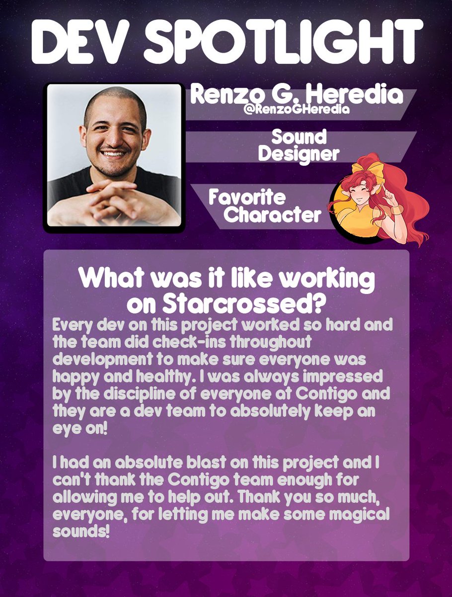 Happy Tuesday! Our next spotlight is  @RenzoGHeredia!Renzo contracted with us to create sound effects for StarCrossed, bringing the Nova Galaxy to life!Renzo is an Associate Sound Designer at Obsidian and you can hear his work in the award winning game, The Outer Worlds!