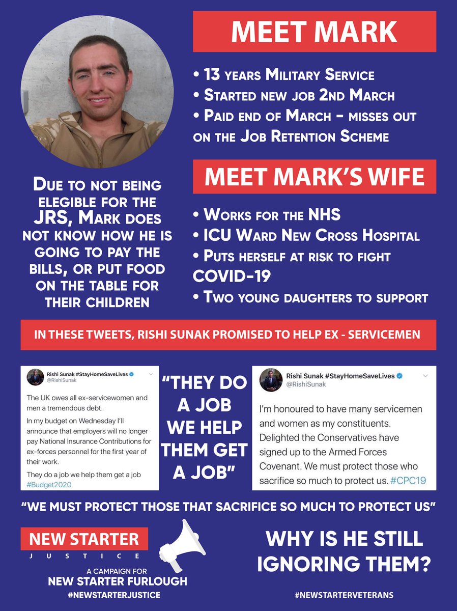 Meet Mark, an ex serviceman with a wife on the NHS front line and two young daughters.

He started a new job recently, so now he has been left with nothing.

<a href="/RishiSunak/">Rishi Sunak</a> promised to protect servicemen and women. So why is he still ignoring #newstarterfurlough?

#NewStarterJustice