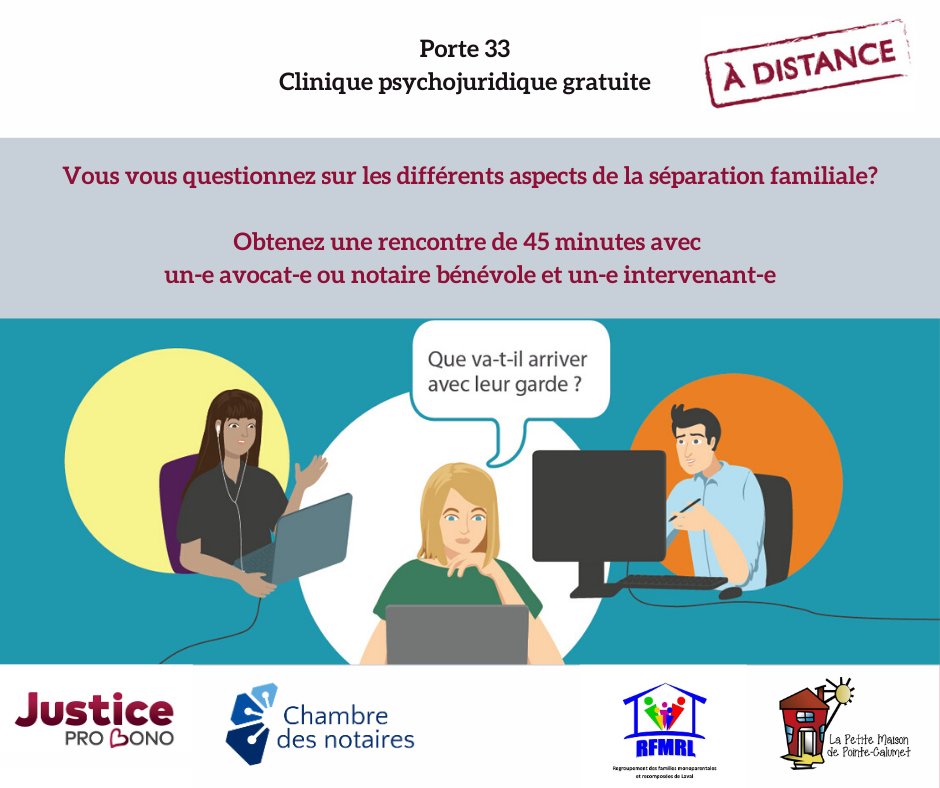 Notre équipe est fière d'accompagner @ProBonoQuebec  dans la diffusion de son service de cliniques juridiques gratuites virtuelles en droit de la famille, Porte 33.

Pour les détails relatifs à ce service : justiceprobono.ca/porte33/