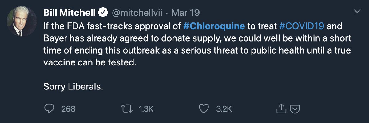 4/  @mitchellvii with a few gems of his own, claiming 100% success rate in curing people with hydroxychloroquine.