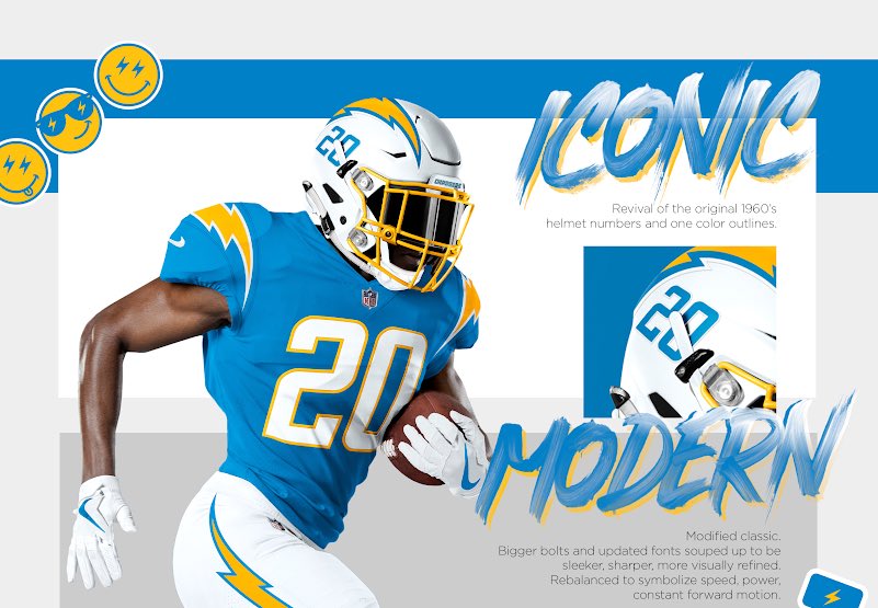 Helmet Stalker on X: 'The Los Angeles Chargers have unveiled their new  uniforms. The team now has four different helmet combinations, all of them  featuring player numbers. The bumpers have new decals; “