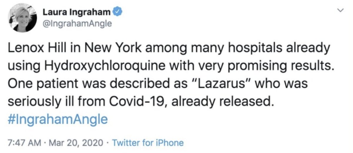 3/  @IngrahamAngle repeatedly touted the drug, said one patient who took it was "Lazarus."