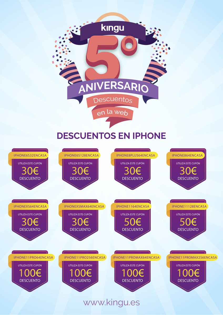 🥳 KINGU ANIVERSARIO 🎂

🏷 LOTE DE DESCUENTOS EN IPHONE 📱
Haz tu pedido en la web y aplica tu descuento con envío GRATIS 🆓

💻 kingu.es