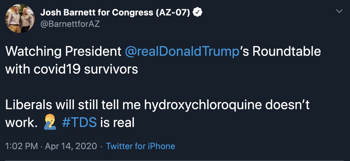 5/  @BarnettforAZ, a Congressional candidate, accused liberals of "Trump derangement syndrome" for questioning the efficacy of hydroxychloroquine.