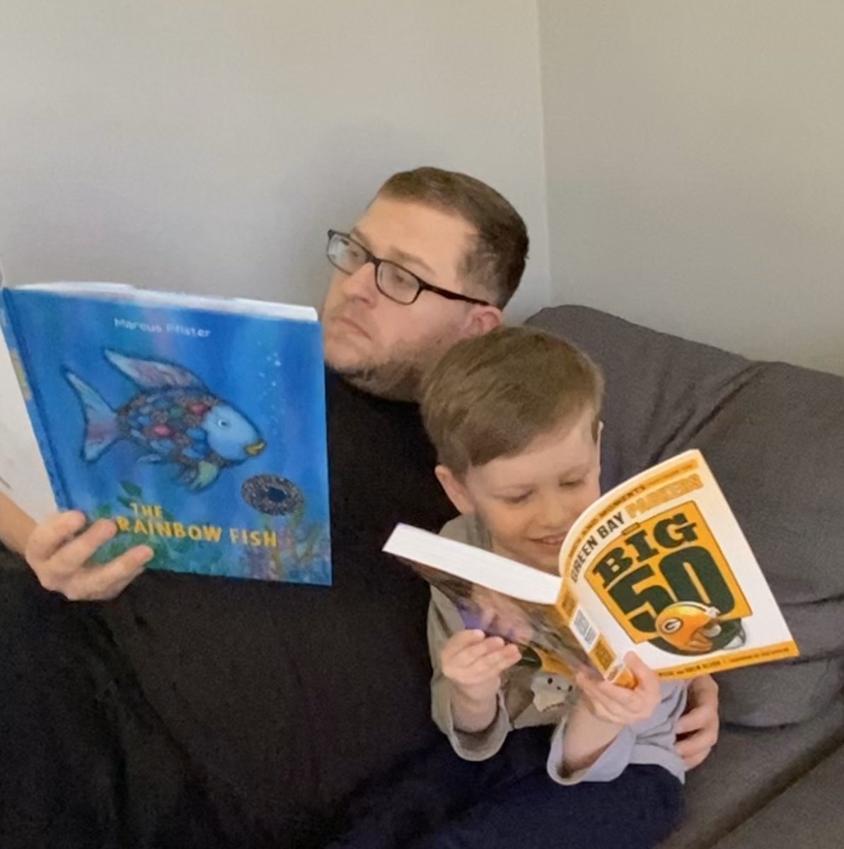 OnAirJosh's tweet photo. Jordy and I both can mark today’s #30Thingsin30Days challenge complete! I chose the classic #RainbowFish and Jordy chose #TheBig50 by @DrewOlsonMKE and @jasonjwilde. @TheGameMKE @czabe @ericgitter https://t.co/4fkiZBNKCt