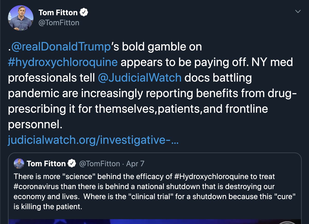 6/  @TomFitton claimed LAST WEEK that Trump's "gamble" was paying off because hydroxychloroquine was working.
