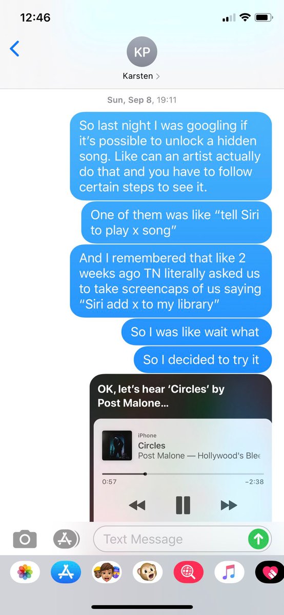Now lets talk about Post Malone real quickly… I had a theory a while back about a Post collab. I was talking to  @K0STC0LE about it in SEPTEMBER. Look at what happened for BOTH OF US when we asked Siri to play the number one song on Lover… Post Malone, Circles.