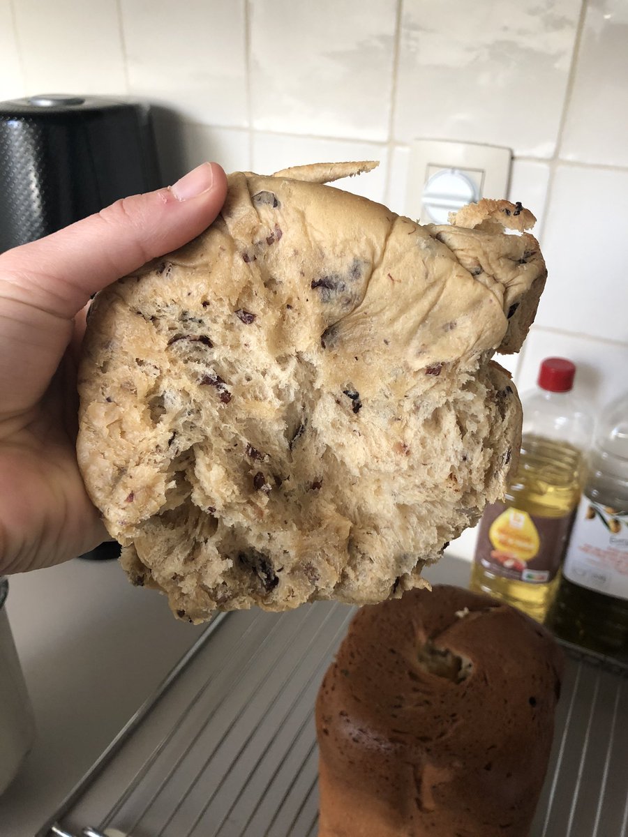 mustberobin's tweet photo. Dus.. de gist heeft mijn broodje te hoog laten rijzen in de machine. Voor de rest is het lekker.. hoe kan dat ook anders met rozijnenbrood. 😄(2e foto is het achterkantje waar aan heb geprutsts om los te krijgen van de machine.) https://t.co/dKeYlsMsfs