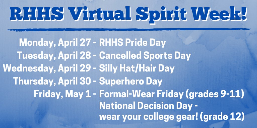 CouncilRhhs's tweet photo. Student Council is putting on a “Virtual Spirit Week” for our video classes starting next week! Spread the word and show off your school spirit! https://t.co/YPwZXpsT9t