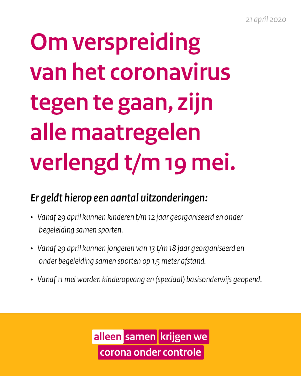 De maatregelen in de aanpak van het coronavirus worden verlengd. Wel komt er voorzichtig ruimte voor kinderen en jongeren. 

Alle informatie over de maatregelen en de uitzonderingen ⤵️

rijksoverheid.nl/onderwerpen/co…

#alleensamen