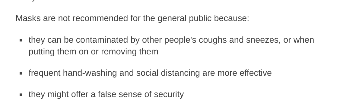 Can't believe this gets published by the BBC, this late! If you're worried masks can be contaminated by other people's cough and sneezes, what do you think happens to YOUR MOUTH AND NOSE IF you aren't wearing a mask? The other two also make no sense.  https://www.bbc.com/news/health-51205344