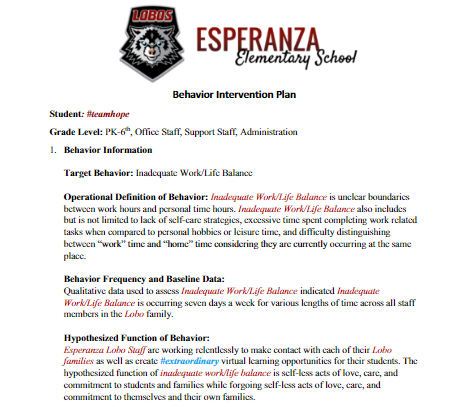 DrShellBee's tweet photo. When things get chaotic and all else fails, create a behavior plan! This BIP targets work/life balance for the #extraordinary staff I work with @EsperanzaDVUSD. 
@DrFinchDVUSD  @DVUSD 

Self-care is of utmost importance during these perplexing times.

https://t.co/gEp0tFjfJS https://t.co/nPprFobrQd