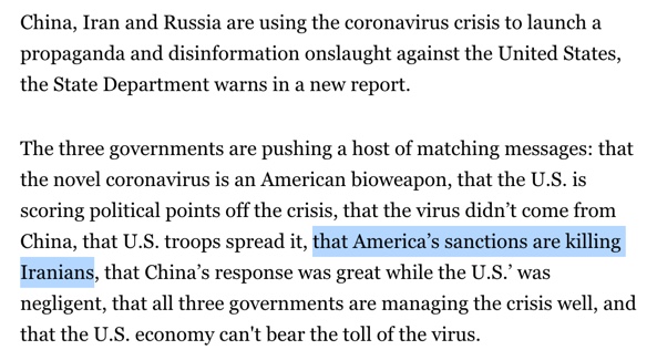Oh yeah, the disinformation that U.S. sanctions are contributing to the death of Iranians during the pandemic