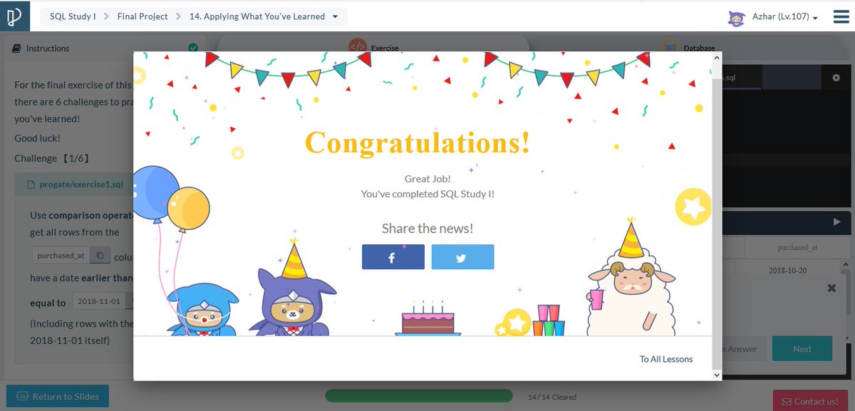 DonlyAzhar's tweet image. #Day4 of #21DaysOfCode #Code2Success Progate Completed Python and started SQL. #javascript #progate #day1 #python #html5 #css3 #sqldatabase
