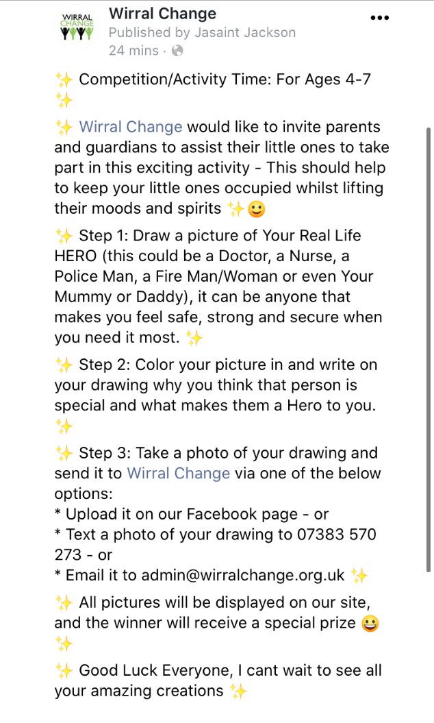 Wirral Change (@wirralchange) on Twitter photo โจ<a href="/WirralChange/">Wirral Change</a> Competition For Ages 4-7 โจ
Draw & Color a picture of Your Real Life HERO (e.g. Doctor, Nurse, Police, Fire Man, Mum or Dad),
Include why they're special & what makes them a Hero to you. Upload your drawing to: m.facebook.com/story.php?storโฆ
or Text it to: 07383570273 โจ<a href="/WirralChange/">Wirral Change</a> Competition For Ages 4-7 โจ
Draw & Color a picture of Your Real Life HERO (e.g. Doctor, Nurse, Police, Fire Man, Mum or Dad),
Include why they're special & what makes them a Hero to you. Upload your drawing to: m.facebook.com/story.php?storโฆ
or Text it to: 07383570273