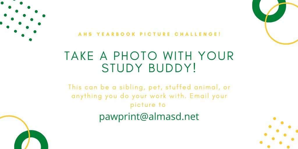 Alma_pawprint's tweet photo. OK AHS students ... here's your second Yearbook Picture Challenge! Submit a picture of YOU and a study buddy (it can be your pet, a sibling, that favorite stuffed animal) to pawprint@almasd.net
Please share and participate!! We need your photos! https://t.co/m0PHT1X5di