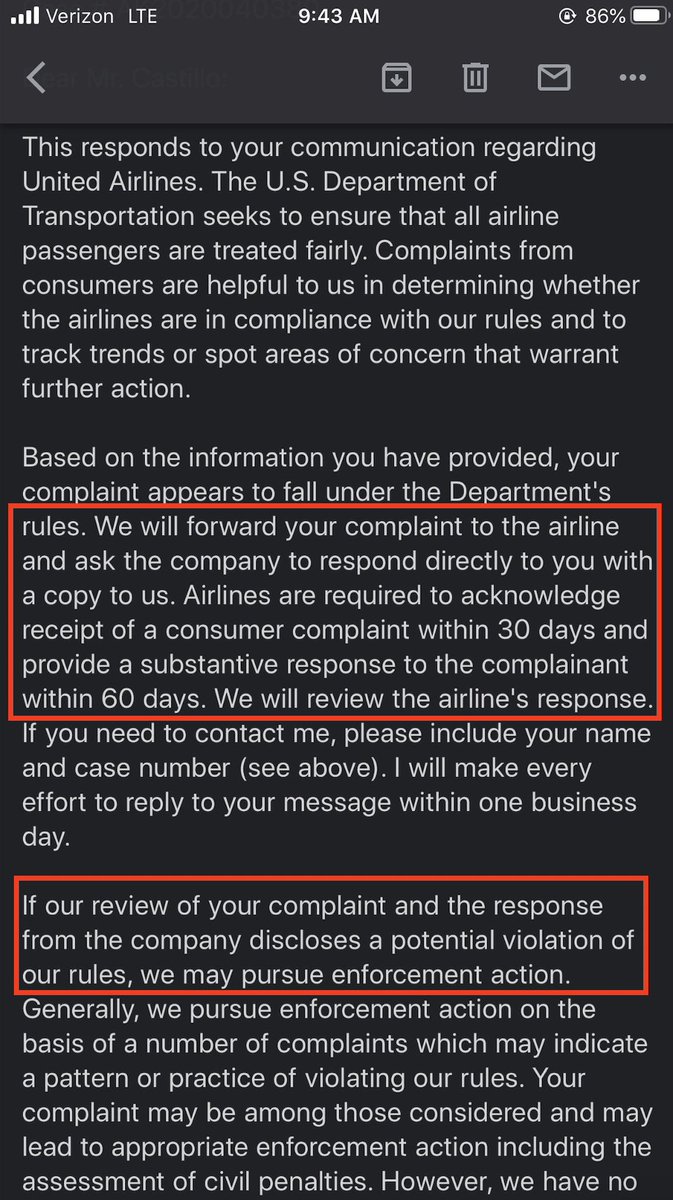 When  @changobus26 had their flight canceled by United but was having trouble getting a refund he was owed, they complained to the DOT and got the following response, threatening “enforcement action” if the airline doesn’t act soon.