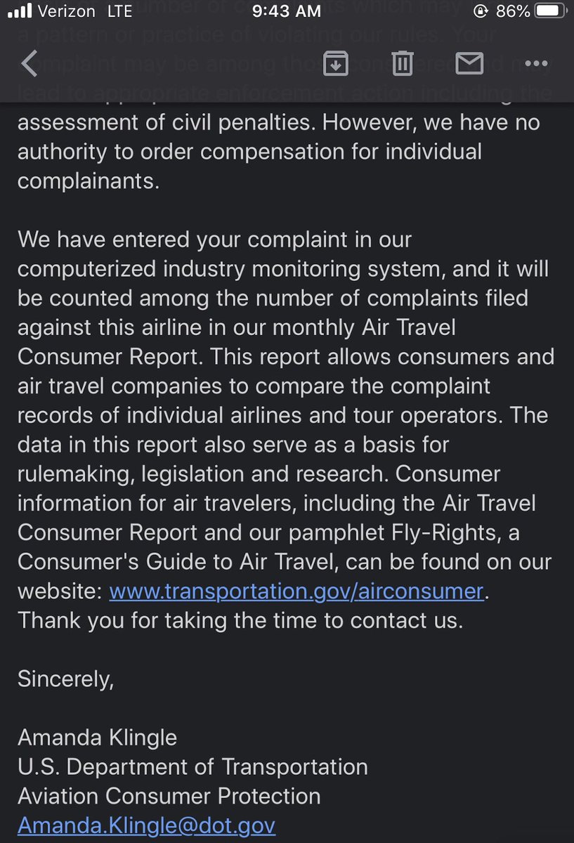 When  @changobus26 had their flight canceled by United but was having trouble getting a refund he was owed, they complained to the DOT and got the following response, threatening “enforcement action” if the airline doesn’t act soon.