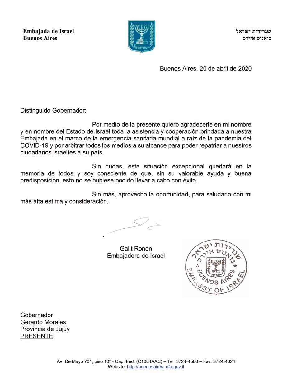 GerardoMorales's tweet photo. En el marco de la emergencia sanitaria por la pandemia del #Coronavirus, ha sido un gusto poder asistir y cooperar con la Embajada de Israel en Argentina, para repatriar a los ciudadanos israelíes a su país. https://t.co/SFlhTwCQEa