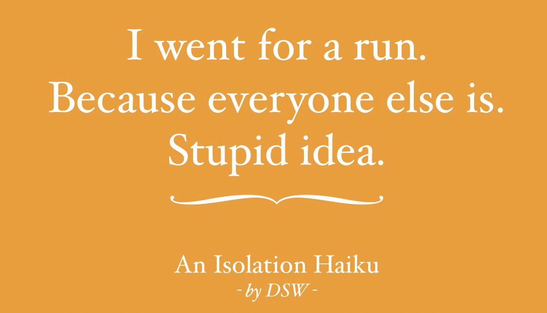 Dstantonwright's tweet photo. π Isolation Haiku #4 ππ»ββοΈ
#haiku #isolationhaiku #isolationpoetry #covid19poetry #poetry #instapoet #instapoetry #coronapoetry #running #5krun #stayathome https://t.co/GtASyusiLI