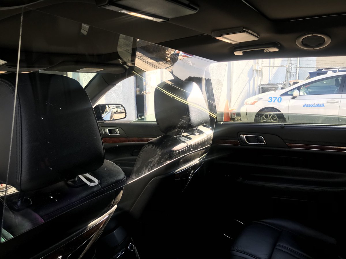 AlliedLimo's tweet photo. We have started installing shields in our Airport sedans today. Adding another layer of safety for our passengers  and chauffeurs. All vehicles are disinfected after each ride by our chauffeurs.  #abcovid ⁦@FlyYYC⁩ ⁦@cityofcalgary⁩ ⁦@nenshi⁩ https://t.co/Ykjc9JqnXF